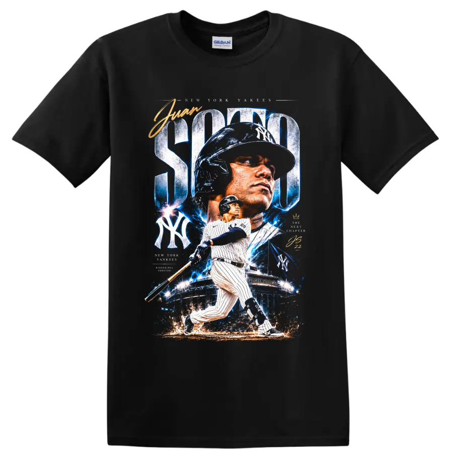 Juan Soto New York Yankees batting action graphic with Yankee Stadium and blue effects on a Black T Shirt