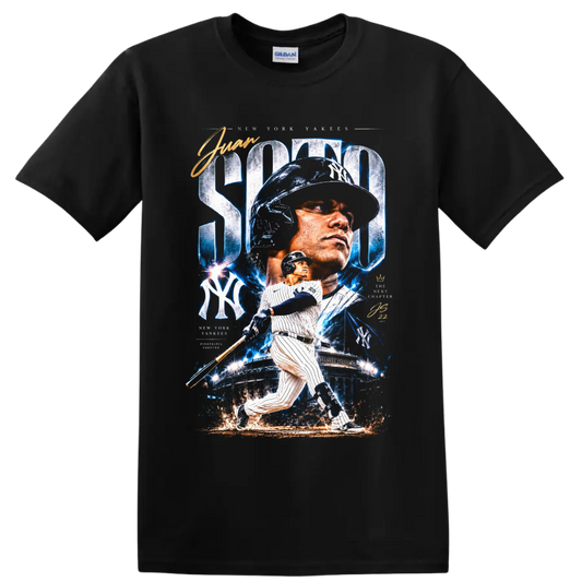 Juan Soto New York Yankees batting action graphic with Yankee Stadium and blue effects on a Black T Shirt