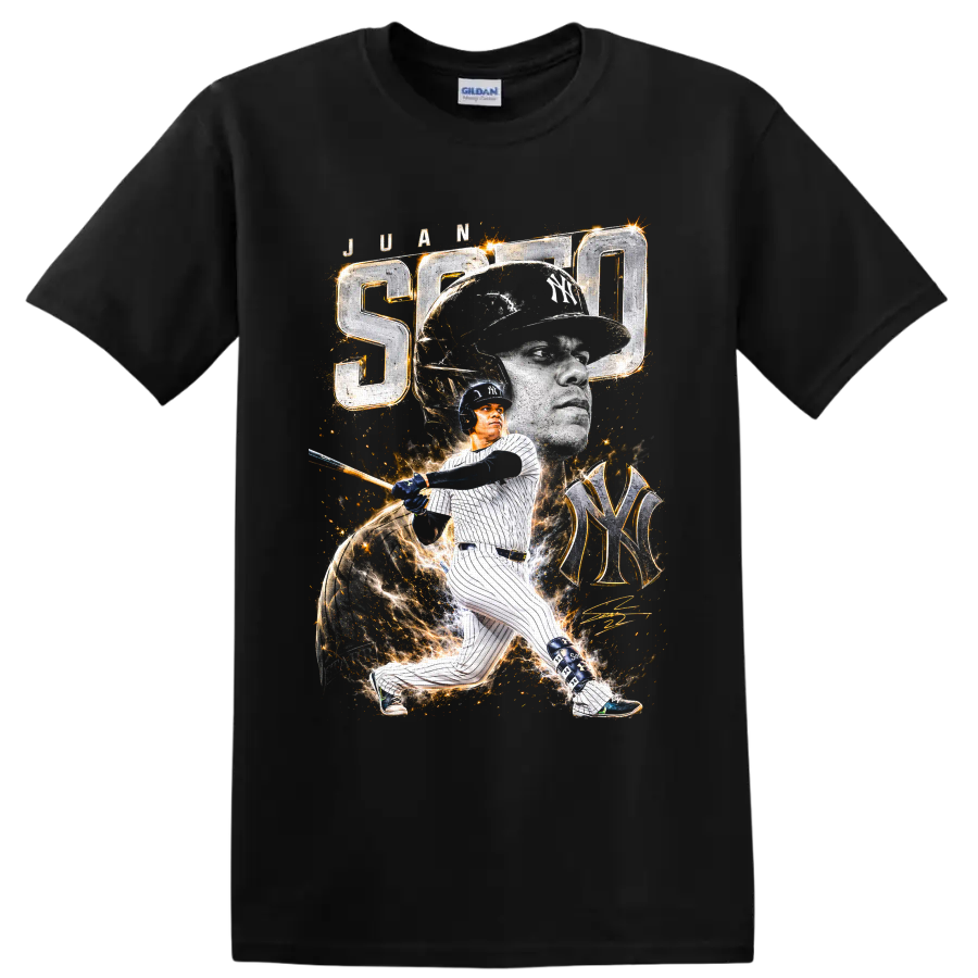 Juan Soto New York Yankees portrait and batting action graphic with SOTO and NY monogram on a Black T Shirt