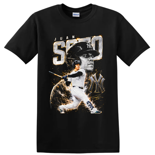 Juan Soto New York Yankees portrait and batting action graphic with SOTO and NY monogram on a Black T Shirt