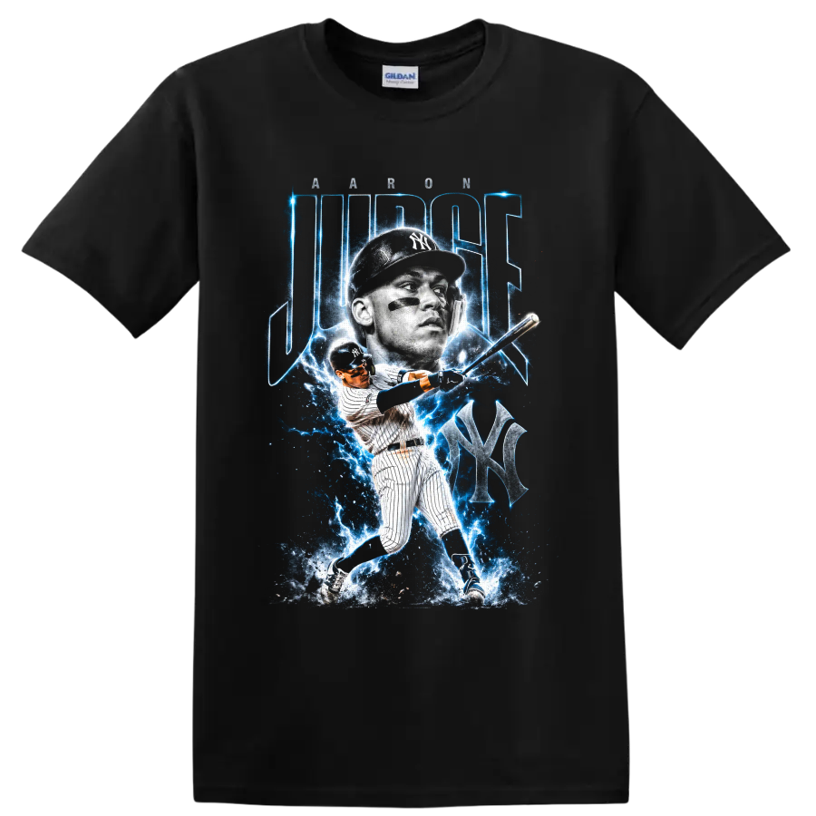 Aaron Judge New York Yankees electric blue baseball portrait and swinging action graphic on a Black T Shirt