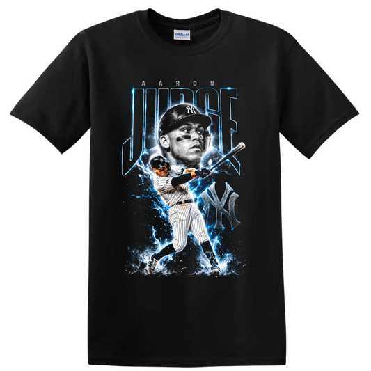 Aaron Judge New York Yankees electric blue baseball portrait and swinging action graphic on a Black T Shirt