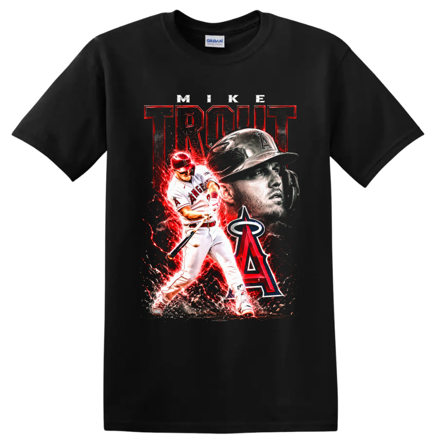 Mike Trout Los Angeles Angels action baseball art with helmet portrait and red energy on a Black T Shirt