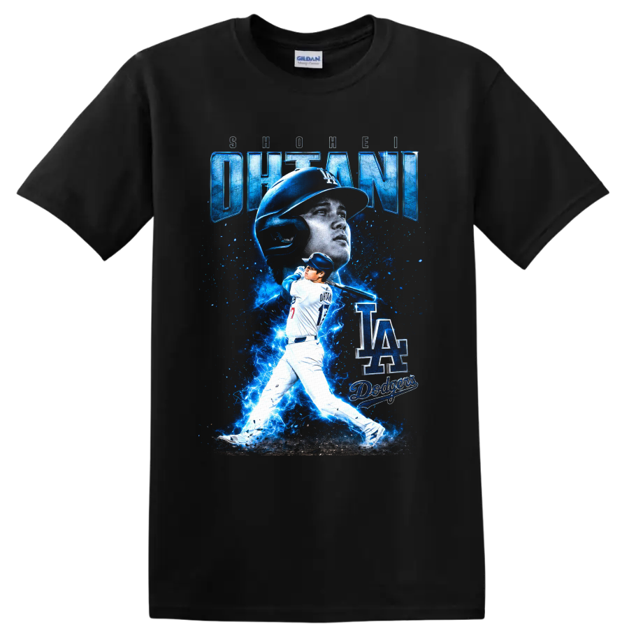 Shohei Ohtani Dodgers number 17 batting graphic with blue lightning and LA lettering on a Black T Shirt