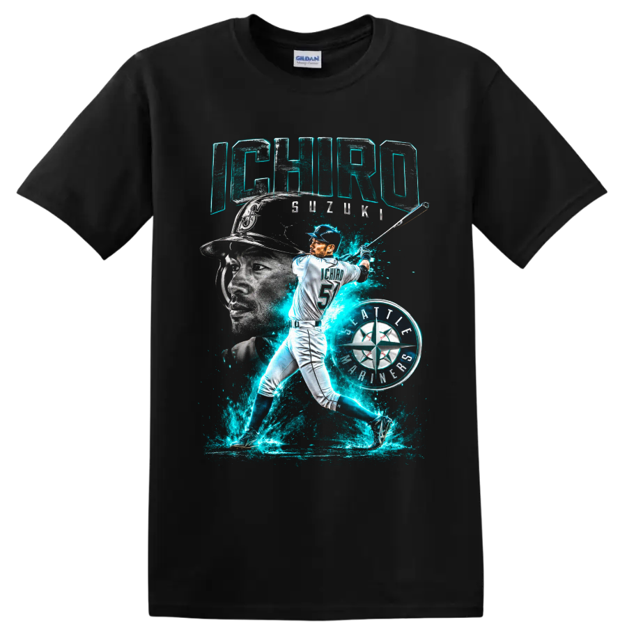 Ichiro Suzuki Seattle Mariners batting portrait with neon teal energy and number 51 on a Black T Shirt