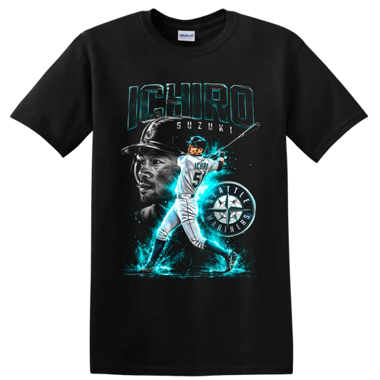 Ichiro Suzuki Seattle Mariners batting portrait with neon teal energy and number 51 on a Black T Shirt