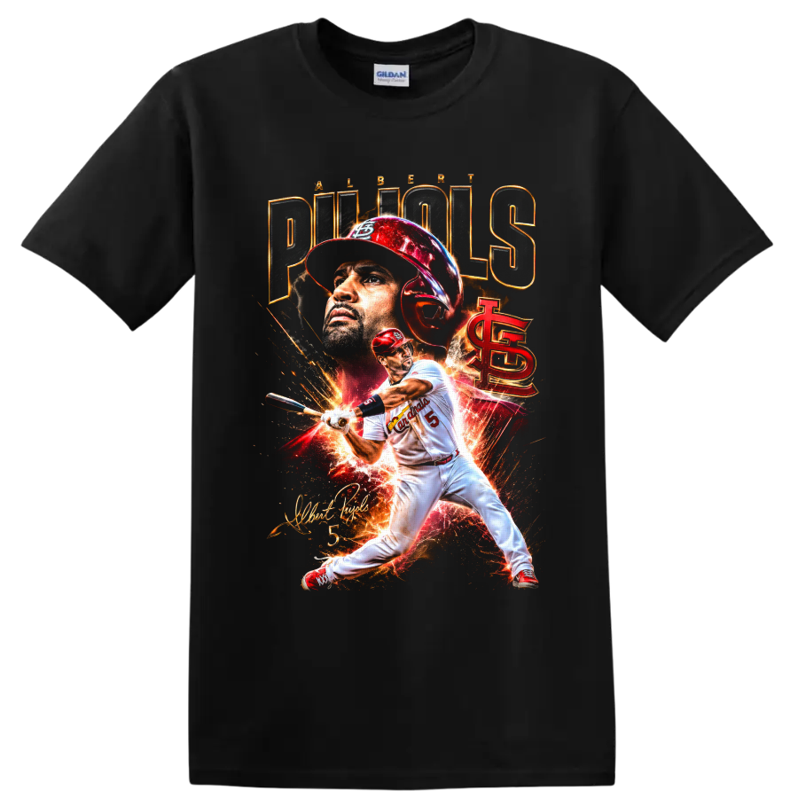 Albert Pujols Cardinals batting graphic with portrait, fiery effects, and signature on a Black T Shirt