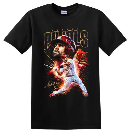 Albert Pujols Cardinals batting graphic with portrait, fiery effects, and signature on a Black T Shirt