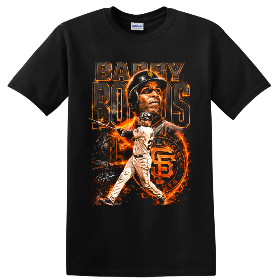 Barry Bonds San Francisco Giants fiery portrait and batting collage with BARRY BONDS text on a Black T Shirt