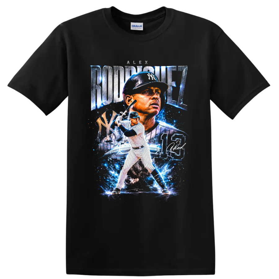 Alex Rodriguez Yankees No. 13 baseball collage with electric blue stadium effects on a Black T Shirt