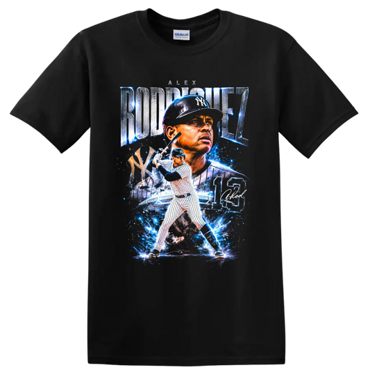 Alex Rodriguez Yankees No. 13 baseball collage with electric blue stadium effects on a Black T Shirt