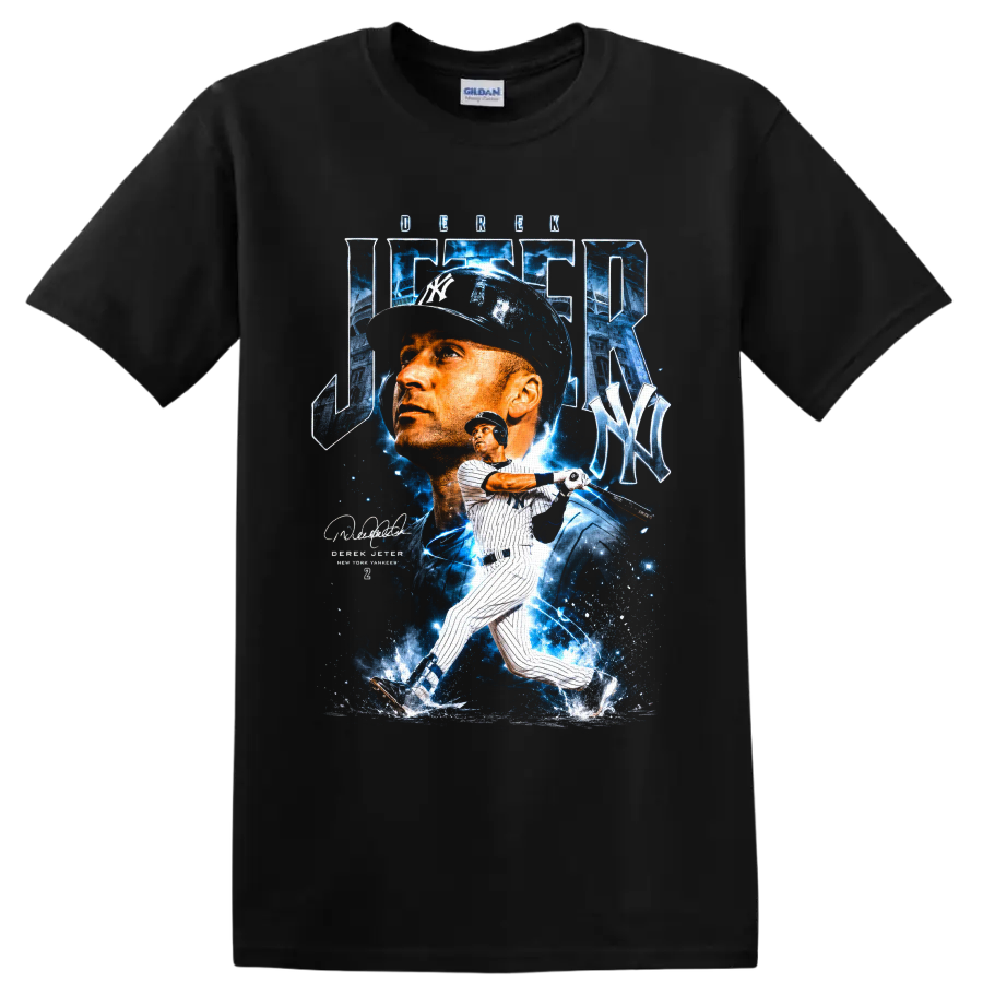 Derek Jeter Yankees portrait and batting graphic with blue stadium effects on a Black T Shirt