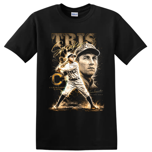 Tris Speaker Cleveland Naps vintage baseball portrait and batting graphic on a Black T Shirt