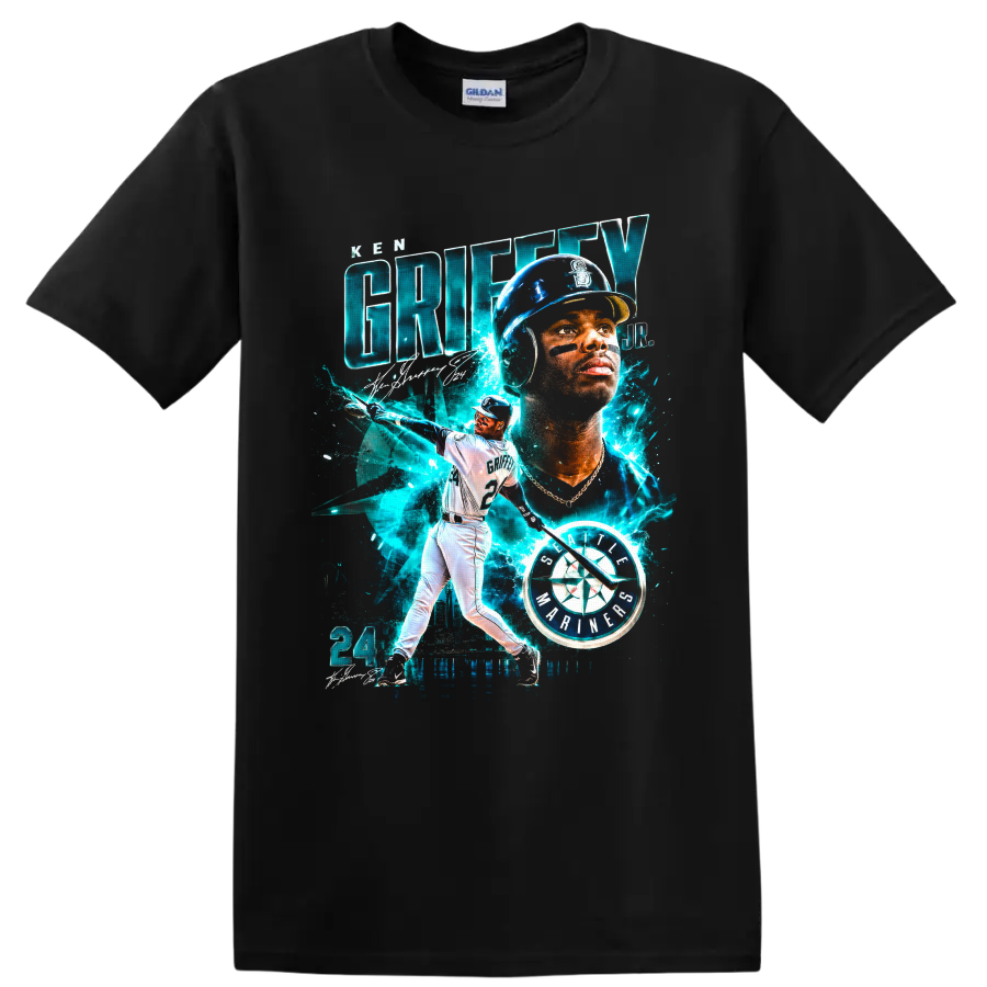 Ken Griffey Jr. Seattle Mariners batting portrait with number 24 and teal electric on a Black T Shirt