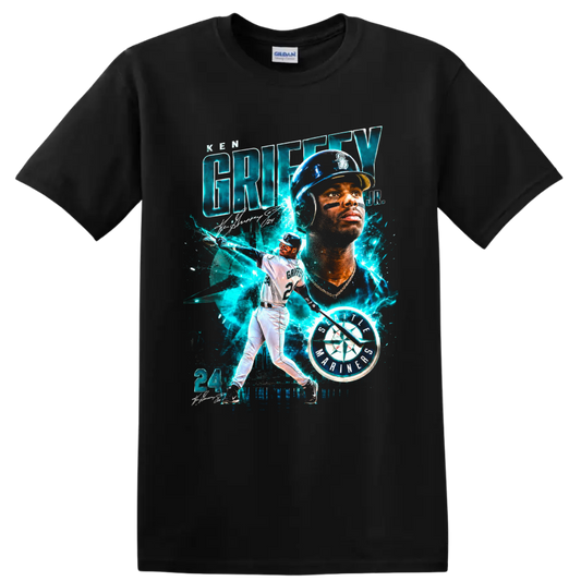 Ken Griffey Jr. Seattle Mariners batting portrait with number 24 and teal electric on a Black T Shirt