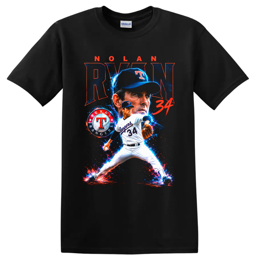 Nolan Ryan Texas Rangers No. 34 pitcher graphic with cosmic blue and red effects on a Black T Shirt