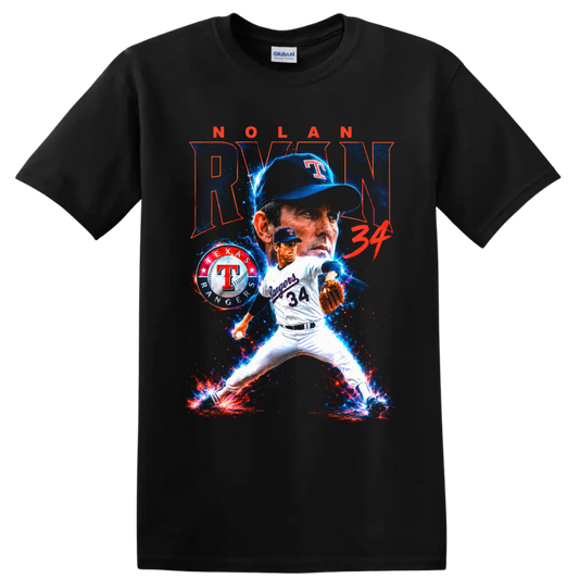 Nolan Ryan Texas Rangers No. 34 pitcher graphic with cosmic blue and red effects on a Black T Shirt