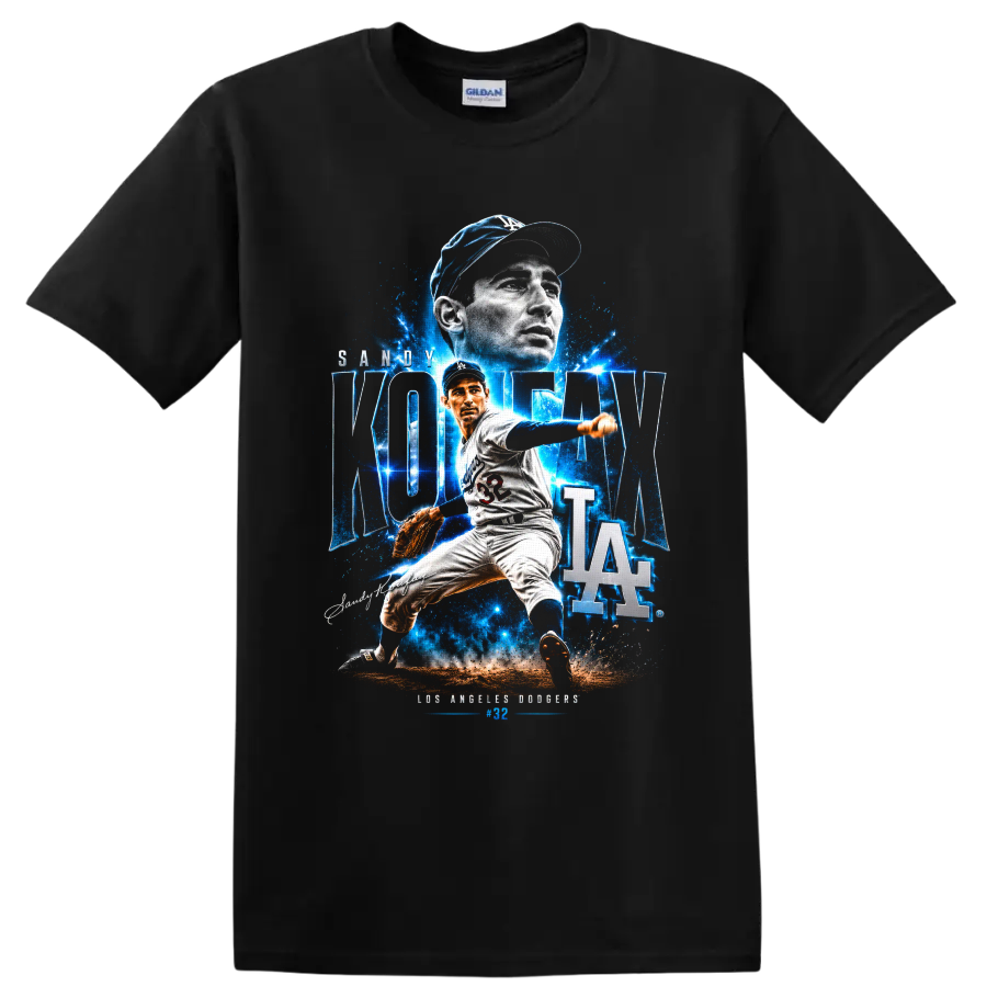 Sandy Koufax Dodgers pitcher collage with KOUFAX lettering, number 32, and LA logo on a Black T Shirt
