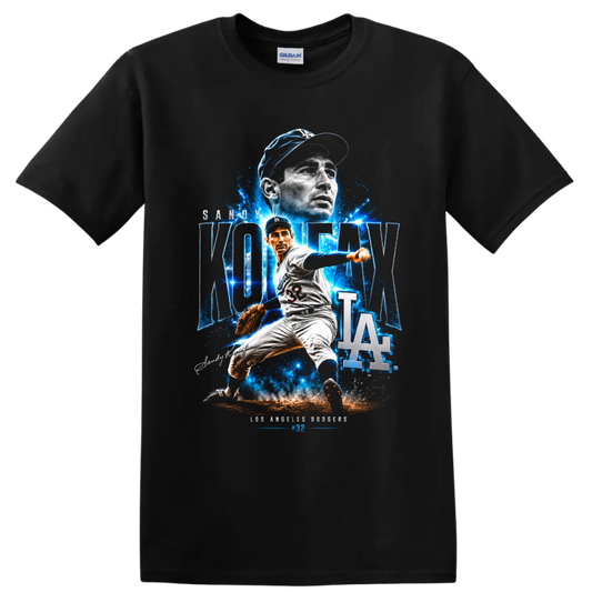 Sandy Koufax Dodgers pitcher collage with KOUFAX lettering, number 32, and LA logo on a Black T Shirt
