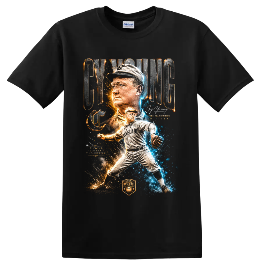 Cy Young Cleveland pitcher collage with vintage lettering and blue-gold sparks on a Black T Shirt
