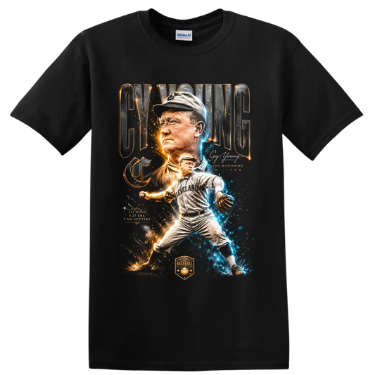 Cy Young Cleveland pitcher collage with vintage lettering and blue-gold sparks on a Black T Shirt
