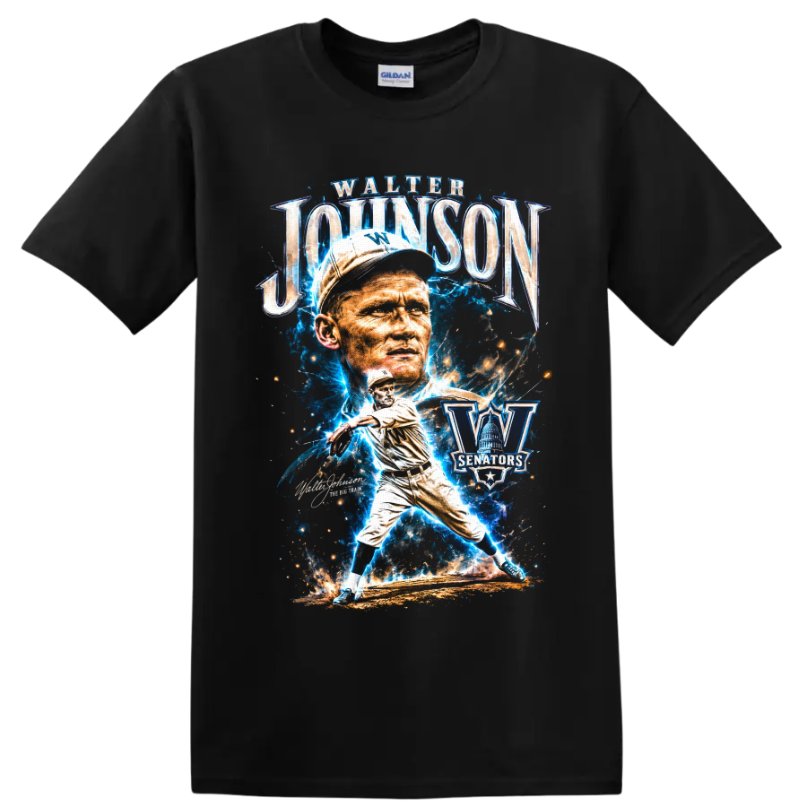 Walter Johnson Washington Senators pitcher portrait and action graphic on a Black T Shirt