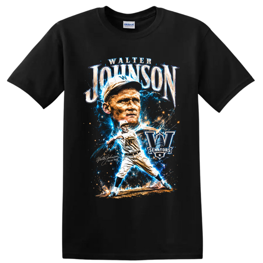 Walter Johnson Washington Senators pitcher portrait and action graphic on a Black T Shirt
