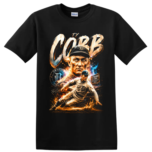 Ty Cobb Detroit Tigers portrait and sliding baseball player graphic with COBB lettering on a Black T Shirt
