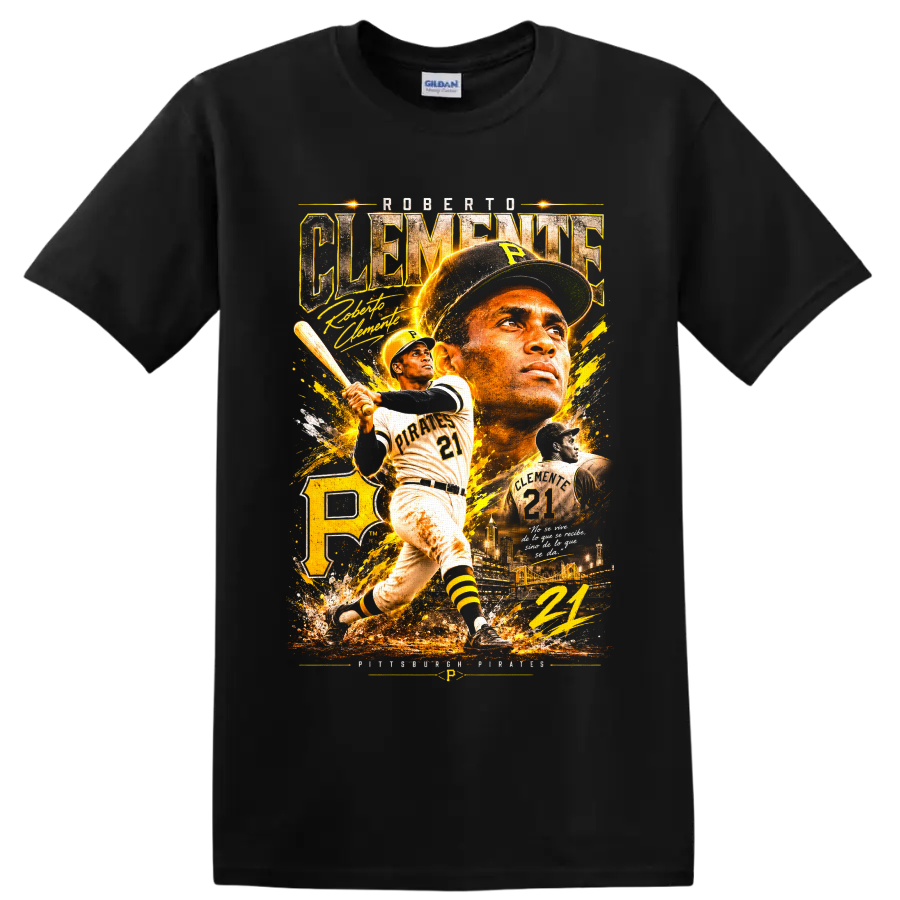 Roberto Clemente Pittsburgh Pirates number 21 vintage gold baseball collage on a Black T Shirt