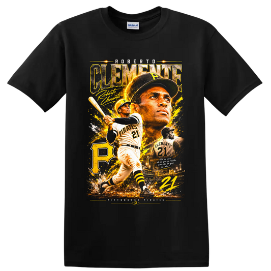 Roberto Clemente Pittsburgh Pirates number 21 vintage gold baseball collage on a Black T Shirt