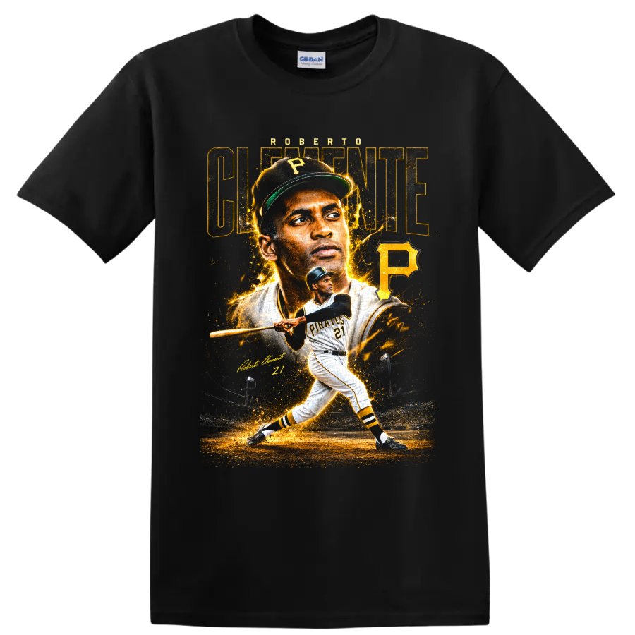 Roberto Clemente Pittsburgh Pirates portrait and batting graphic with number 21 on a Black T Shirt