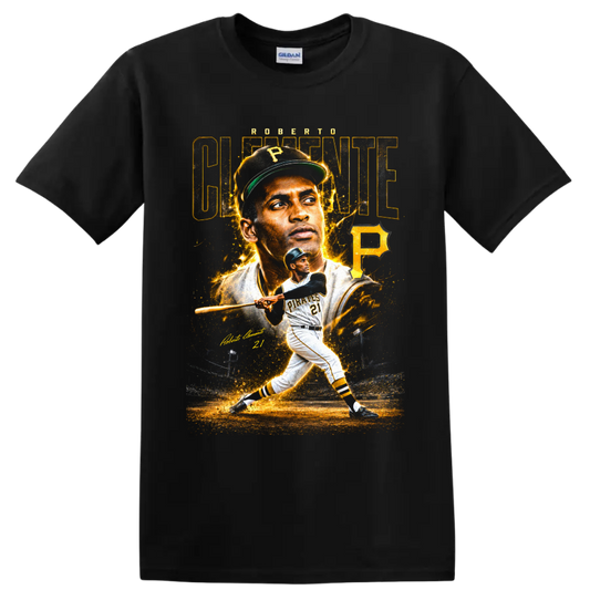 Roberto Clemente Pittsburgh Pirates portrait and batting graphic with number 21 on a Black T Shirt