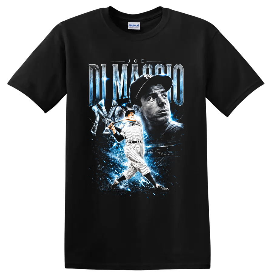 Joe DiMaggio Yankees portrait and batting pose with blue energy baseball graphic on a Black T Shirt
