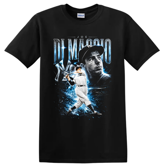 Joe DiMaggio Yankees portrait and batting pose with blue energy baseball graphic on a Black T Shirt