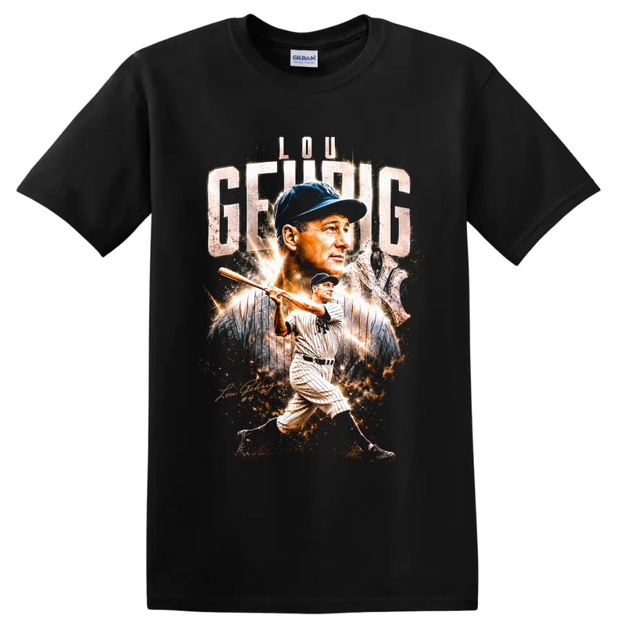 Lou Gehrig Yankees portrait and batting graphic with distressed lettering and number 4 on a Black T Shirt