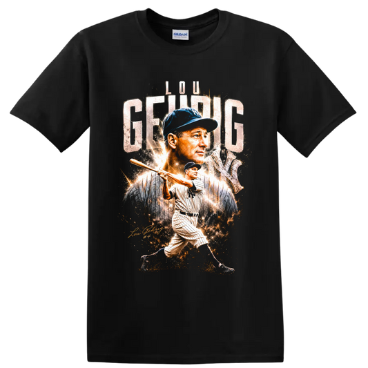 Lou Gehrig Yankees portrait and batting graphic with distressed lettering and number 4 on a Black T Shirt