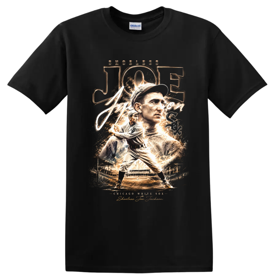 Shoeless Joe Jackson Chicago White Sox vintage portrait and batting baseball graphic on a Black T Shirt