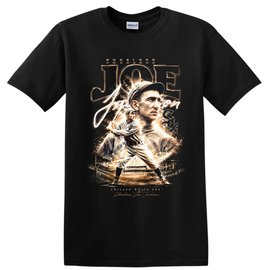 Shoeless Joe Jackson Chicago White Sox vintage portrait and batting baseball graphic on a Black T Shirt