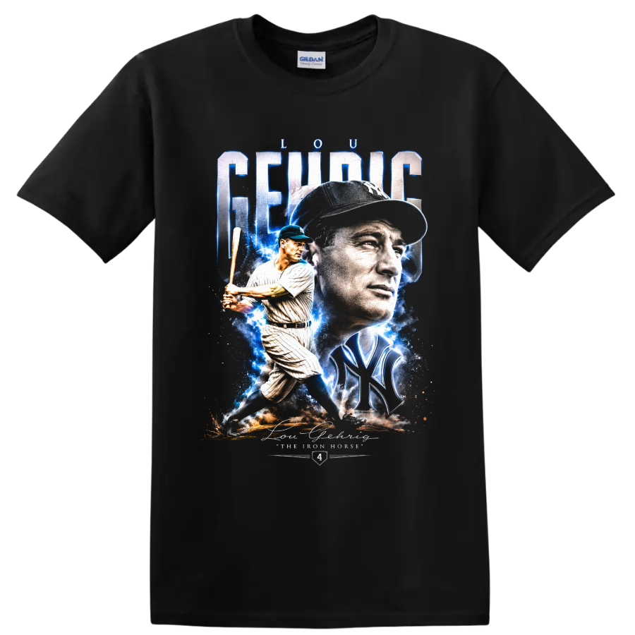 Lou Gehrig Yankees portrait and batting collage with Iron Horse text on a Black T Shirt