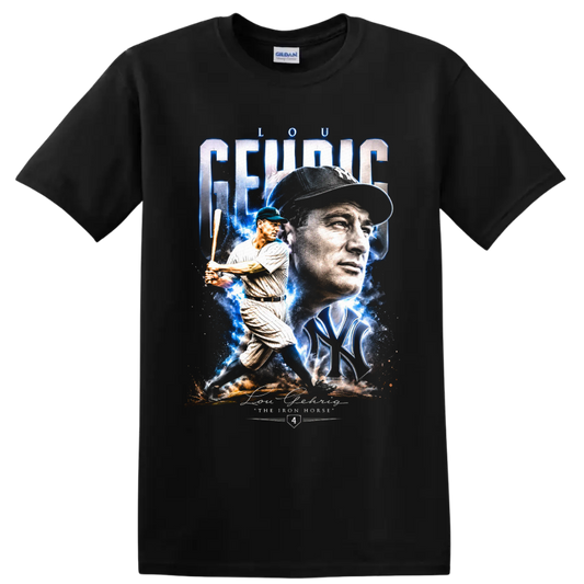 Lou Gehrig Yankees portrait and batting collage with Iron Horse text on a Black T Shirt
