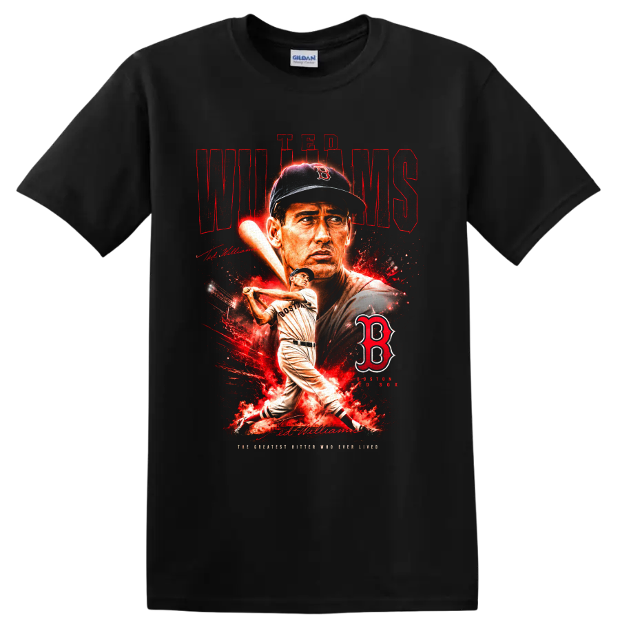 Ted Williams Boston Red Sox portrait and batting graphic with distressed red lettering on a Black T Shirt