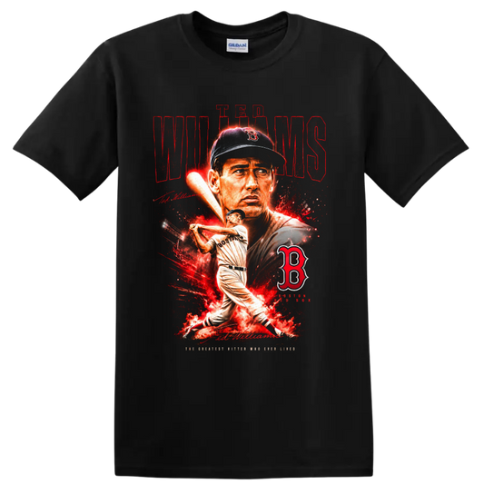 Ted Williams Boston Red Sox portrait and batting graphic with distressed red lettering on a Black T Shirt