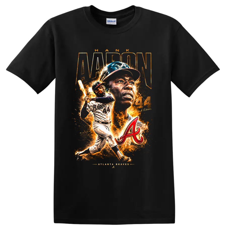Hank Aaron Atlanta Braves No. 44 portrait and batting action graphic on a Black T Shirt