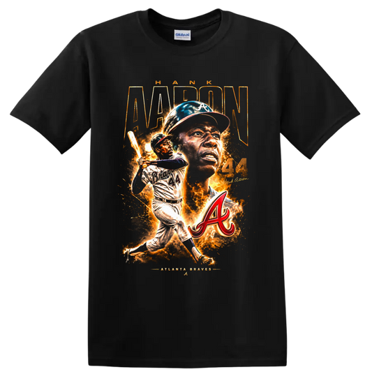 Hank Aaron Atlanta Braves No. 44 portrait and batting action graphic on a Black T Shirt