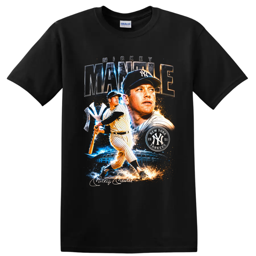 Mickey Mantle New York Yankees portrait and batting collage with MANTLE lettering on a Black T Shirt