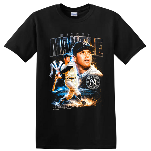 Mickey Mantle New York Yankees portrait and batting collage with MANTLE lettering on a Black T Shirt