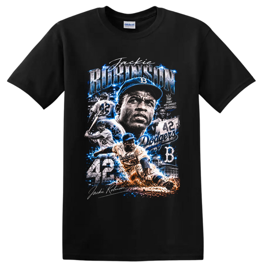Jackie Robinson Brooklyn Dodgers 42 baseball collage with electric blue action effects on a Black T Shirt