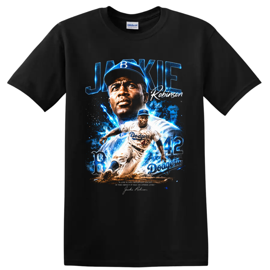 Jackie Robinson Brooklyn Dodgers 42 portrait and action baseball tribute graphic on a Black T Shirt