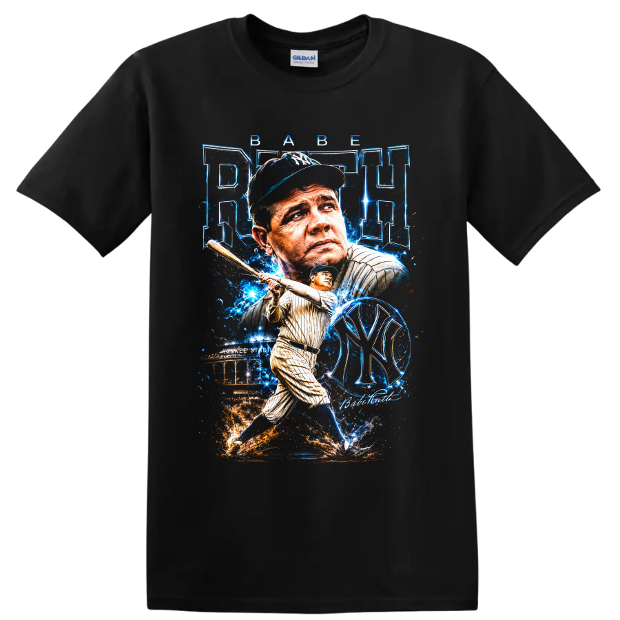 Babe Ruth Yankees baseball portrait and batting graphic with Yankee Stadium on a Black T Shirt