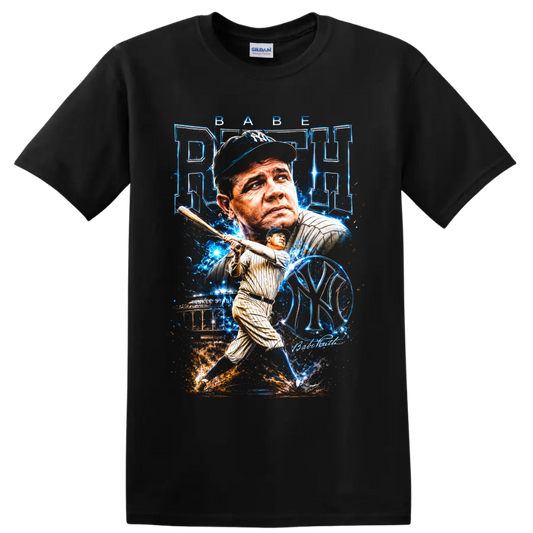 Babe Ruth Yankees baseball portrait and batting graphic with Yankee Stadium on a Black T Shirt